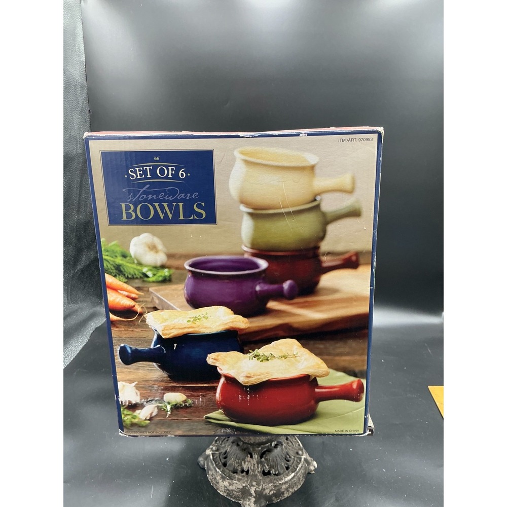 Stoneware Bowls Set of 6 Handles French Onion Soup Crocks Ceramic 16oz 970993
